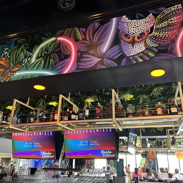 Colorful mural with a butterfly and owl, liquor bottles, and TVs playing music videos at La Buena Vida.