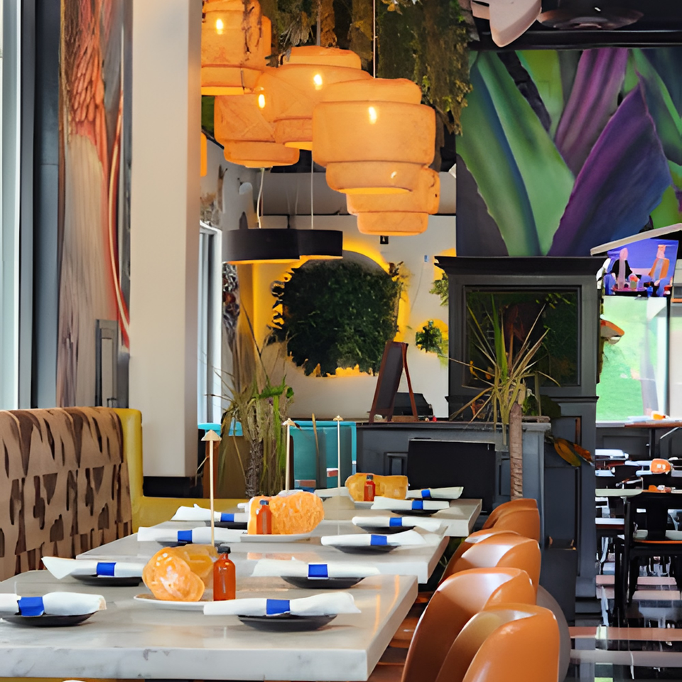 A vibrant La Buena Vida dining room with set tables, orange chairs, and tropical decor.